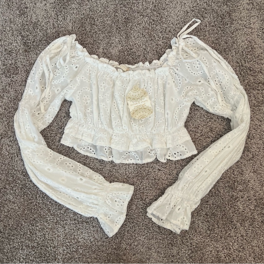 Altar'd State White Eyelet Off-Shoulder Crop Top